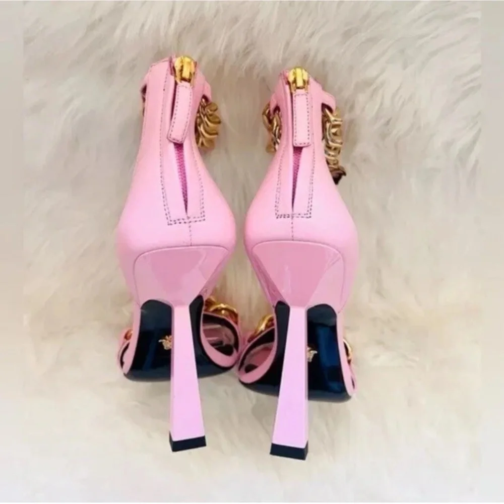 New! VERSACE Medusa Chain Square Toe Heels Pink Leather Gold Hardware Sandals - Picture 12 of 14